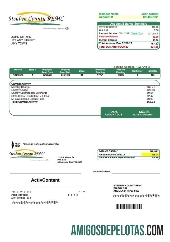 realista Modelo de conta de serviços públicos REMC do país Steuben dos EUA em formato Word e PDF